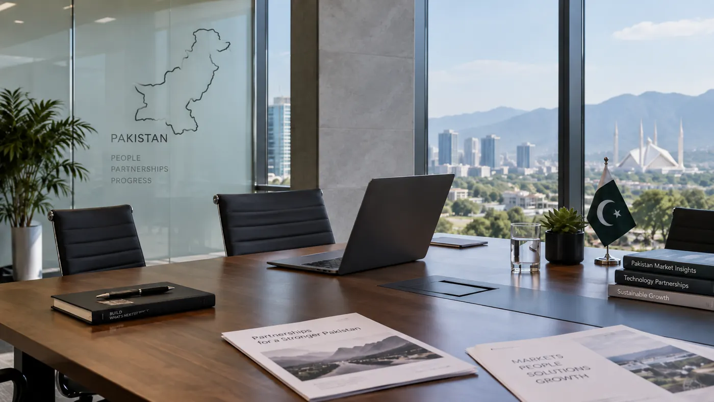Meeting room in Islamabad with a map of Pakistan on the glass wall