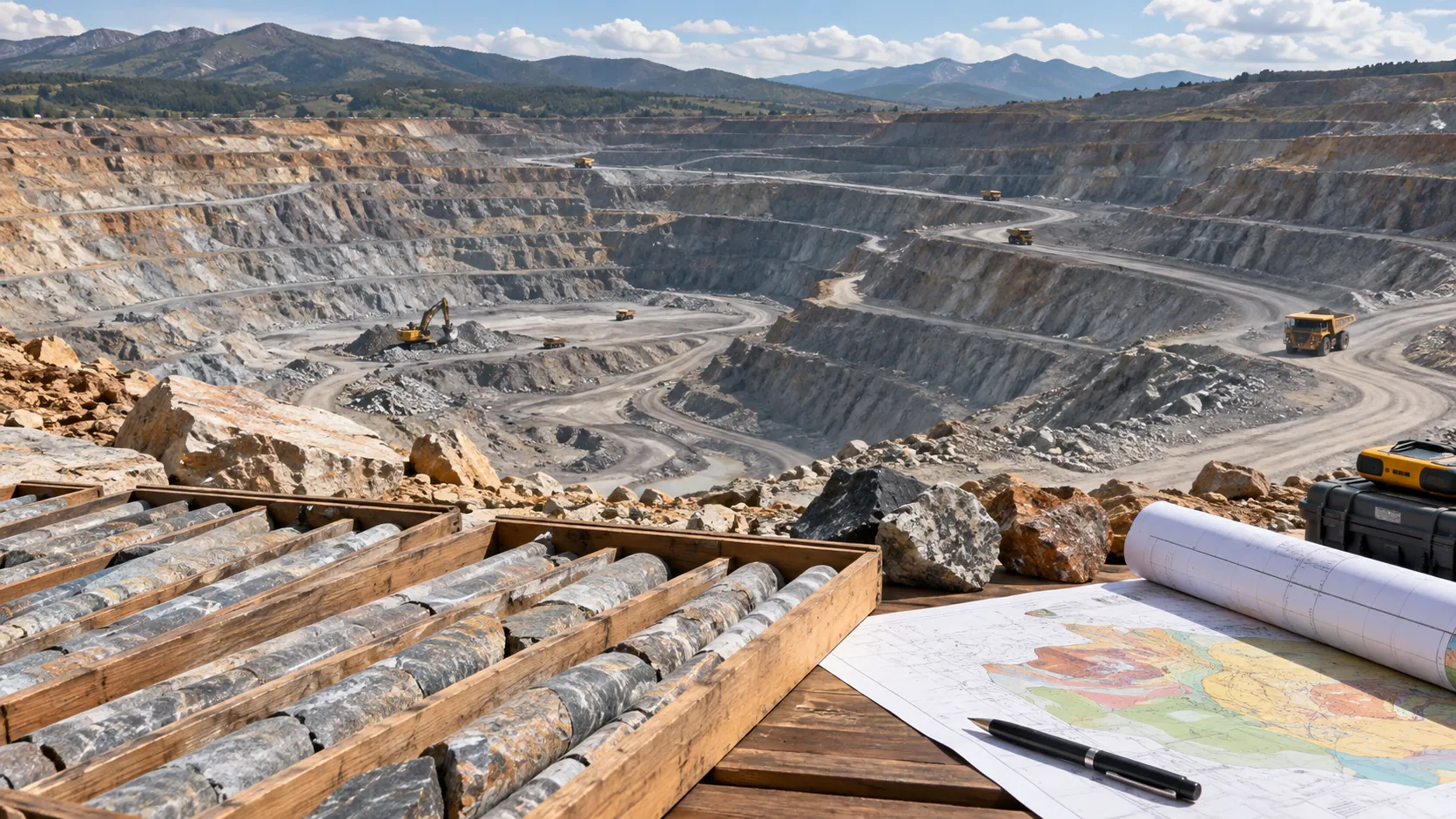 Open-pit mine with mineral core samples and geological map