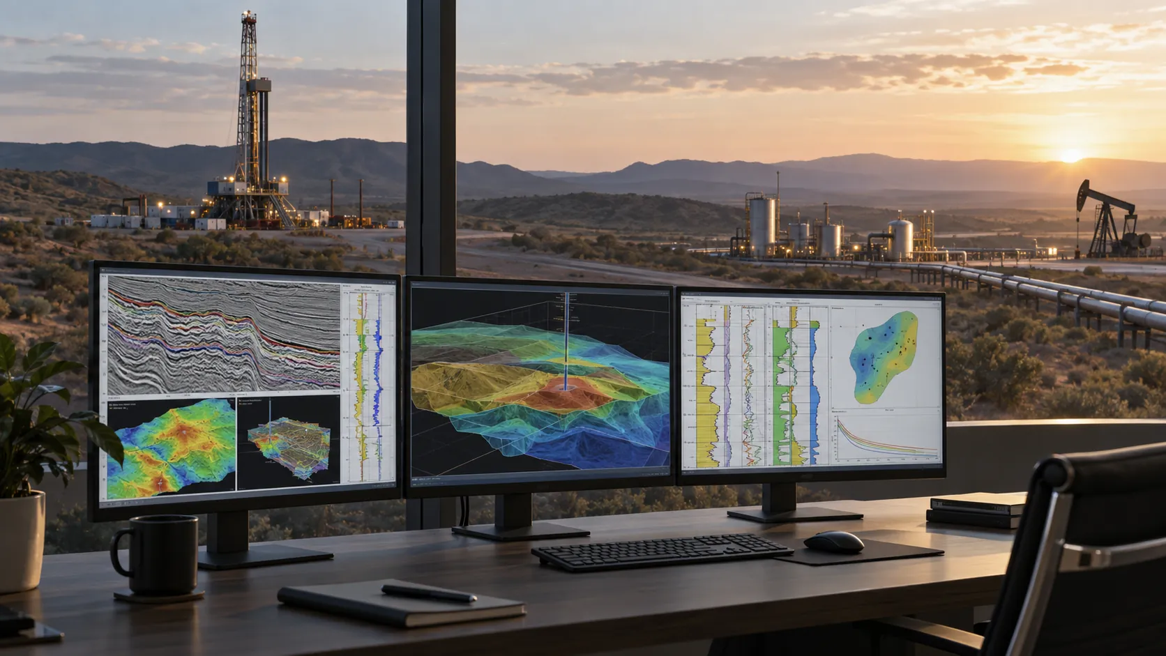 Oil field at sunset with drilling rig and subsurface analytics workstation