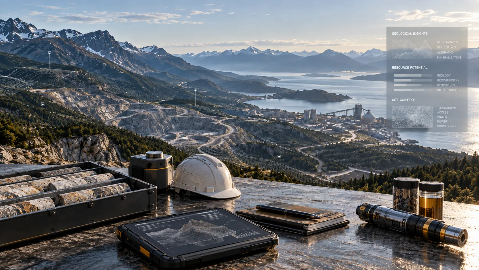 Natural resources landscape featuring geological field equipment, mining operations and coastal infrastructure