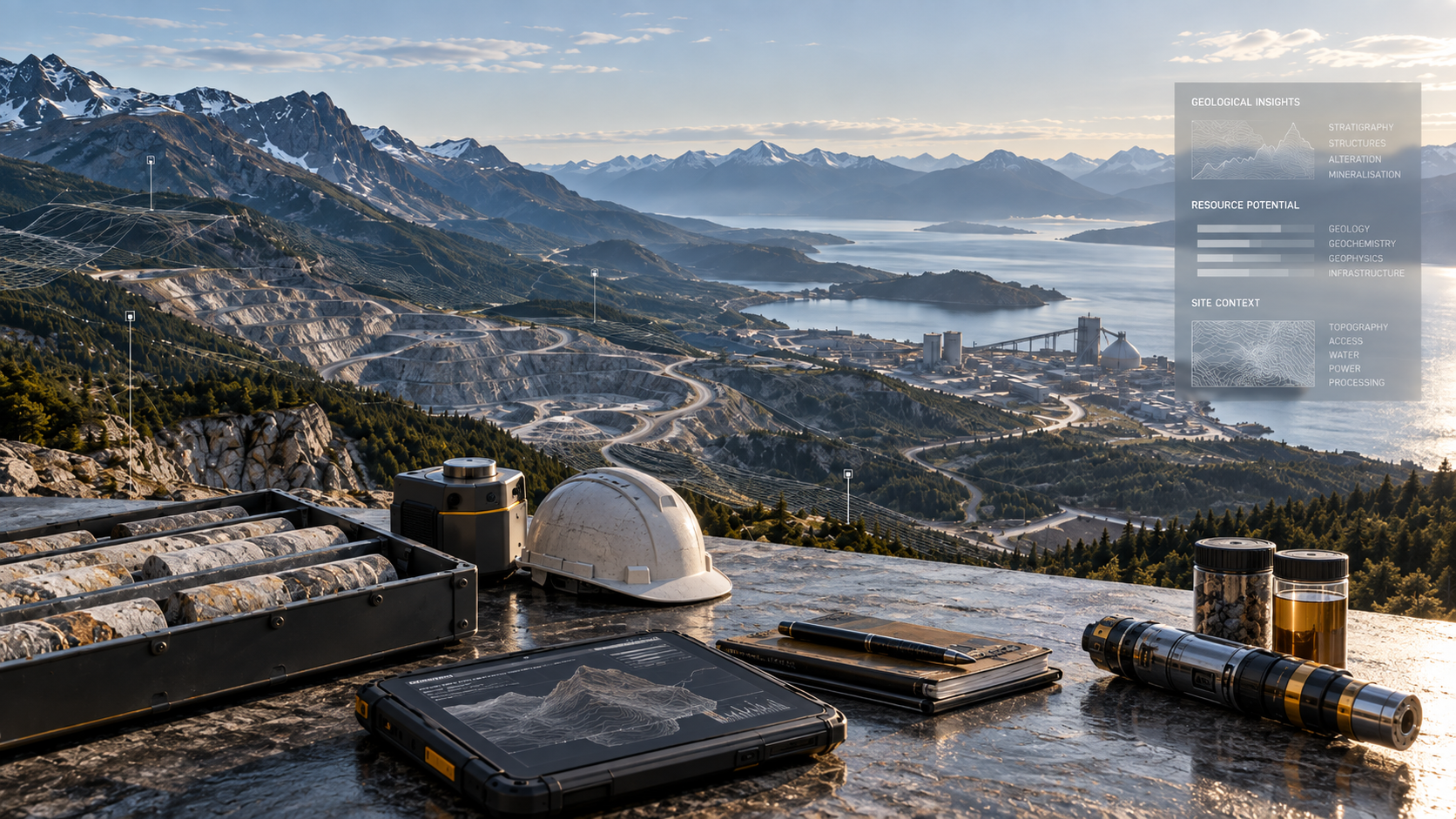 Natural resources landscape featuring geological field equipment, mining operations and coastal infrastructure